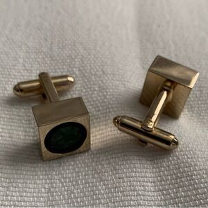Vintage Cufflinks Gold Tone Square with Green Chrysoprase Stone